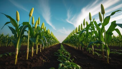 Poster - Bright green maize seedlings on the field, gently out of focus. Growing young green corn sprouts in a cultivated agricultural area. Farming landscape with soil sprouts.