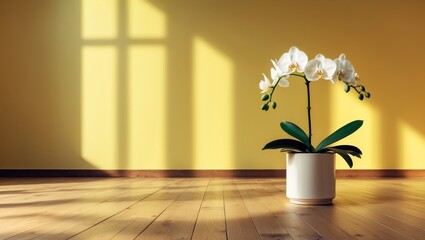 Poster - Vacant interior with a wooden floor, a single flower, and a wall