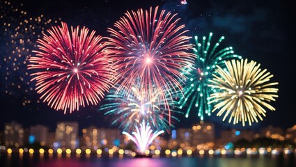 Aufkleber - Stunning festive fireworks creating a colorful bokeh effect on city skyline at night