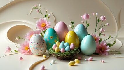 Poster - Joyful concept featuring Easter eggs with flowers and treats. Cute nest containing blue and white eggs along with candy