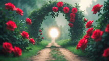 Poster - Blurred fantasy wallpaper depicting spring and summer scenery with a mysterious dirt road, mystical world elements, fairytale greenery, trees, bushes, red roses, and enchanting light, foliage garden