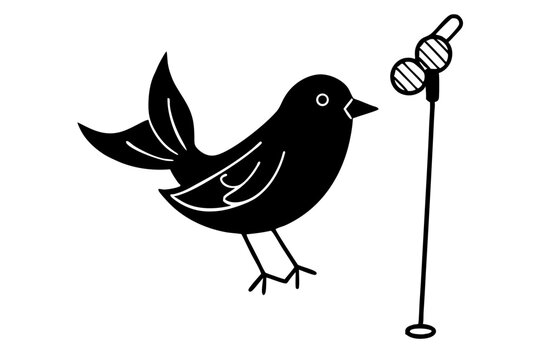 Bird Singing in mic vector silhouette illustration isolated on white background