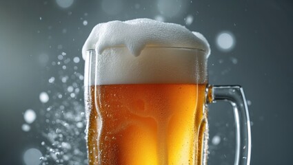 Poster - Cropped depiction of a cold golden lager with rich white foam in front of a grey studio backdrop. Illustrates themes of food and drink, celebration, beverage industry.