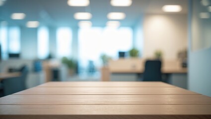 Aufkleber - Clear wooden die tabletop with an office environment in the backdrop, template