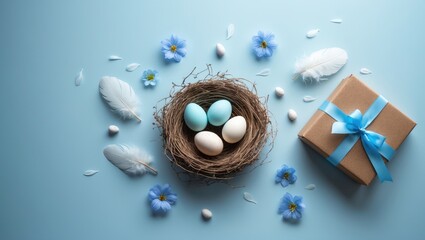 Poster - Pastel Easter background with eggs, nest, and gift, viewed from above with room for text