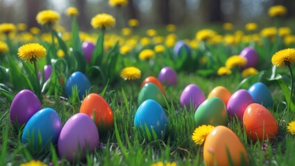 Poster - Easter eggs tucked away in grass and flowers.