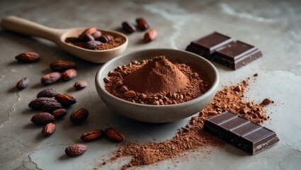 Poster - Flat lay display of chocolate, cocoa beans, and powder