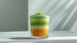 Iced matcha latte with mango in a glass on the table