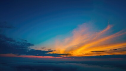 Poster - Lovely Vibrant sky colored by sunlight producing shining golden shades. Dense clouds at twilight. Depiction of cloud-laden sky. Brightly colored sky with clouds.