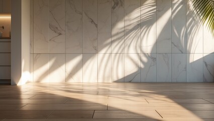 Aufkleber - Interior design of a tropical summer-themed kitchen and bathroom with marble tile walls, sunlight, palm leaf shadows, and wood flooring