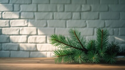 Aufkleber - Wooden table with fir tree branch and empty copy space