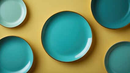 Poster - Oval turquoise teal ceramic plate set against textured background, showcasing contemporary colorful crockery and tableware for fashionable food styling, with space for copy and top-down perspective