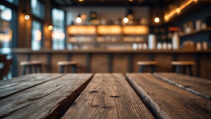 Poster - Wood table top devoid of items with a blurred light effect in the background for display purposes