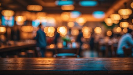 Aufkleber - Dark wooden table with an empty surface before a hazy restaurant setting