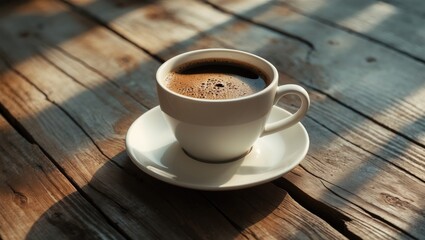 Poster - Rise and shine with Americano in a coffee cup resting on wood, caffeine concept featuring blank space, hot frothy black beverage, empty area for text on rustic setting