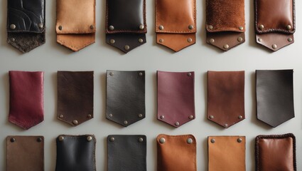 Aufkleber - An array of leather patches with assorted colors and patterns, organized in a grid layout with overlapping and non-overlapping sections, representing a scene of diversity and variety.
