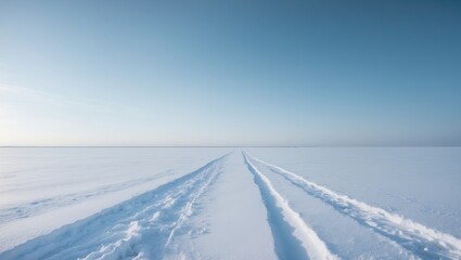 Poster - Snowy ice horizon on the frozen sea with blue sky, bright day, and footpaths from people