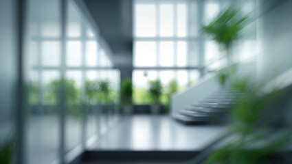 Poster - View of an office lobby with a blurred background towards the reception area, highlighting a contemporary luxury staircase and a corridor with glass walls.