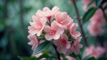 Poster - Pink oleander or butter flower featuring natural green leaves, native to northern Africa, eastern Mediterranean, and Southeast Asia