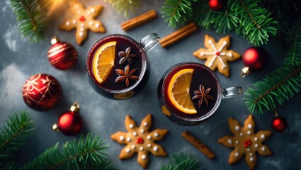 Poster - Composition with aromatic mulled wine viewed from above. Area for text