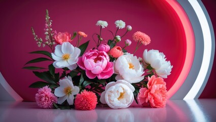 Poster - Vivid pink and white blossoms arranged on a bold crimson backdrop, illuminated by neon lighting for a celebratory atmosphere.
