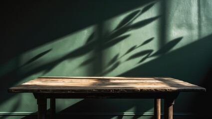 Poster - Unoccupied table near a dark green wall. Reflections and shadows from sunlight on the surface. Background suited for product presentation.