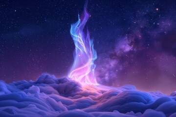 Wall Mural - colorful celestial flames rise above soft clouds in a starry night sky creating a magical and serene