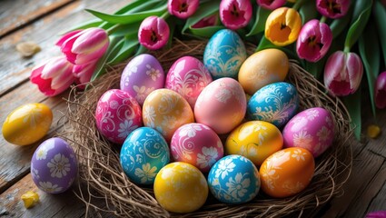 Poster - Easter eggs placed among tulips on planks