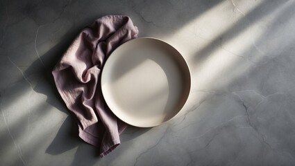 Poster - Table scene with an empty plate and pink towel from above