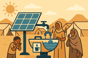 A flat scene of humanitarian tech incorporates a solar array, a fountain with bubbling water, and multiple tents