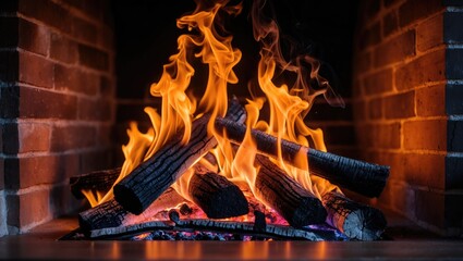 Poster - Warm winter home with a fireplace featuring fire flames and burning logs