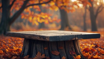 Poster - Bare wooden table atop a colorful autumn tree