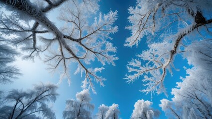 Poster - Chilled tree twigs radiate with frost against a striking blue sky, capturing the beauty of winter in a calm woodland, highlighting sophistication.