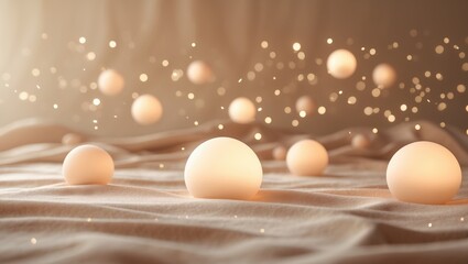 Poster - Refined beige bokeh abstract backdrop. Gentle blurred wallpaper surface. Template showcasing defocused lights and available space for business website design. Social media ad banner.
