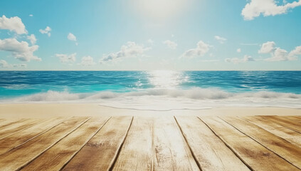 Wall Mural - serene wooden tabletop overlooks tranquil blue sea and sky, capturing essence of peaceful beach scene with gentle waves lapping at shore