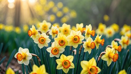 Poster - Snapshot of a bright yellow daffodils blooming in nature, illuminated by sunlight filtering through the greenery