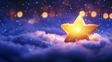 Wall Mural - glowing yellow star shines brightly in snow, creating magical atmosphere on christmas night. soft sn