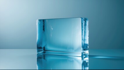 Poster - The block of pure transparent ice in chilly blue tones on a reflective surface.