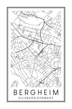 Hand drawn printable downtown road map poster of borough BERGHEIM of the German city of DUISBURG on solid white background with city name
