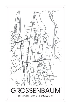 Hand drawn printable downtown road map poster of borough GROSSENBAUM of the German city of DUISBURG on solid white background with city name