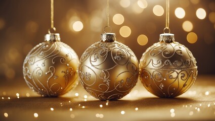 Poster - Three exquisite golden Christmas decorations on a shimmering gold surface