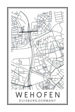 Hand drawn printable downtown road map poster of borough WEHOFEN of the German city of DUISBURG on solid white background with city name