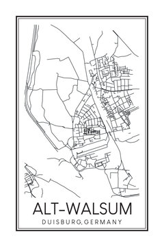 Hand drawn printable downtown road map poster of borough ALT-WALSUM of the German city of DUISBURG on solid white background with city name
