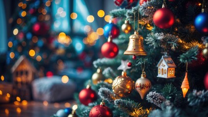 Poster - Balls, icicles, stars, and lanterns are ornaments on the tree, while the garland lights cast a glow all around.