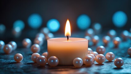Wall Mural - detailed view of a luminous candle with pearls surrounding it