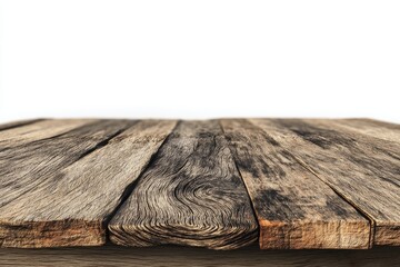 Poster - On a white background, a wooden table is empty, except for a product display presented in a montage