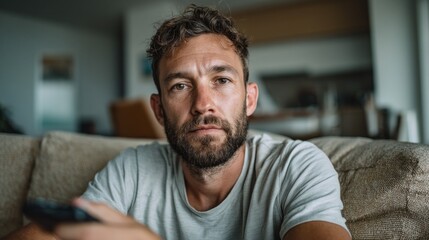 Poster - A man sits on a comfortable couch, holding a remote control, deeply engaged in a show or movie. Natural light filters through the room, creating a serene and inviting atmosphere