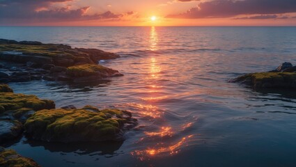 Wall Mural - the sun rising over the sea, with calm water mirroring the sunlight