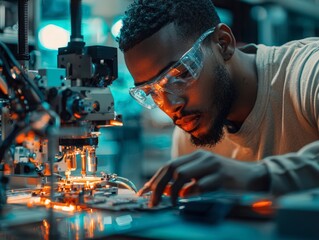Poster - Multiracial technical engineer training with robot arm machine in Robot machine factory workshop for manufacturing or industry from a remote location