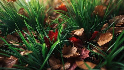 Wall Mural - detailed view of lush green grass with scattered brown leaves, emphasizing the charm of nature and s